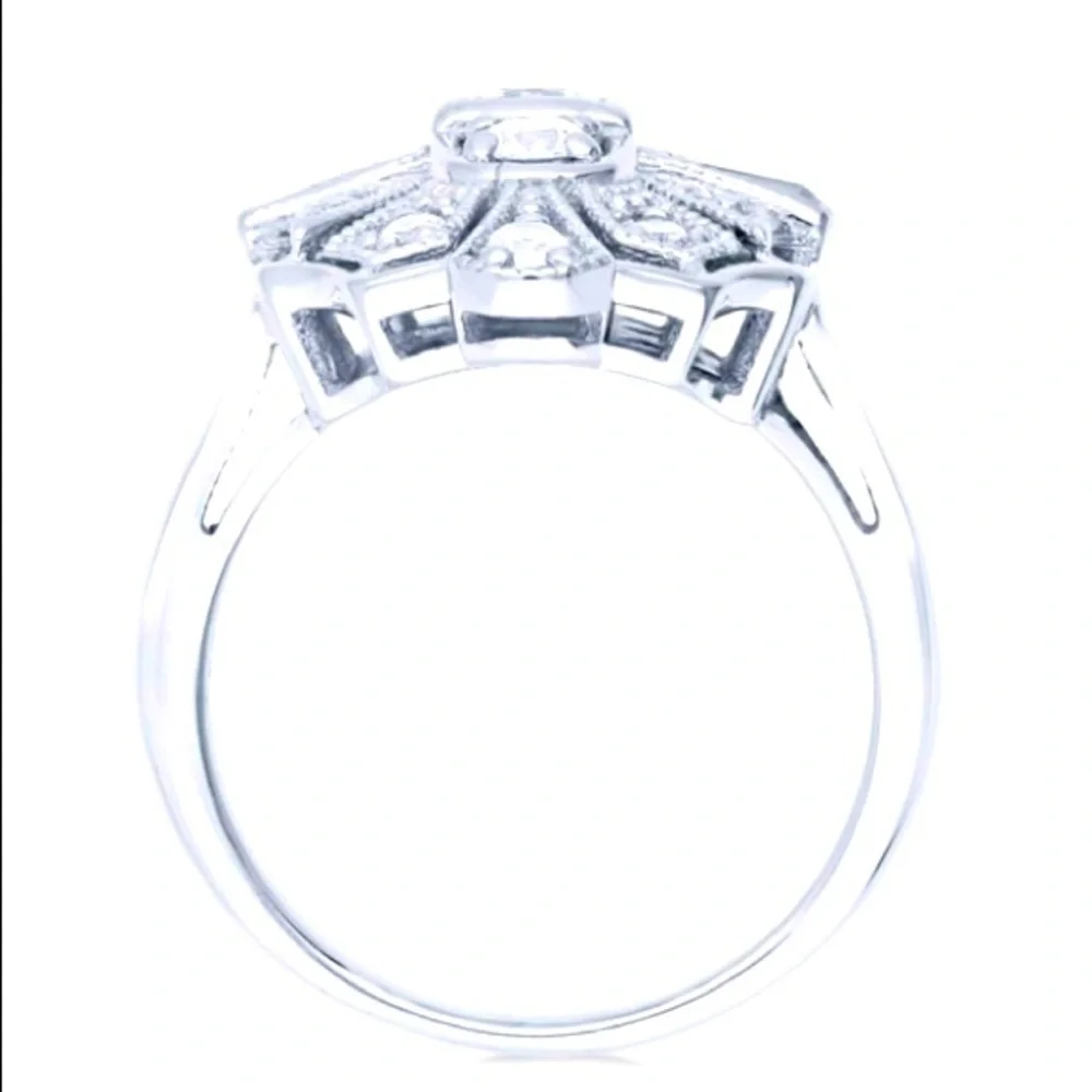 Sterling Silver + Crystal CZ Statement Art Deco Milgrain Cocktail Ring - Picture 6 of 9